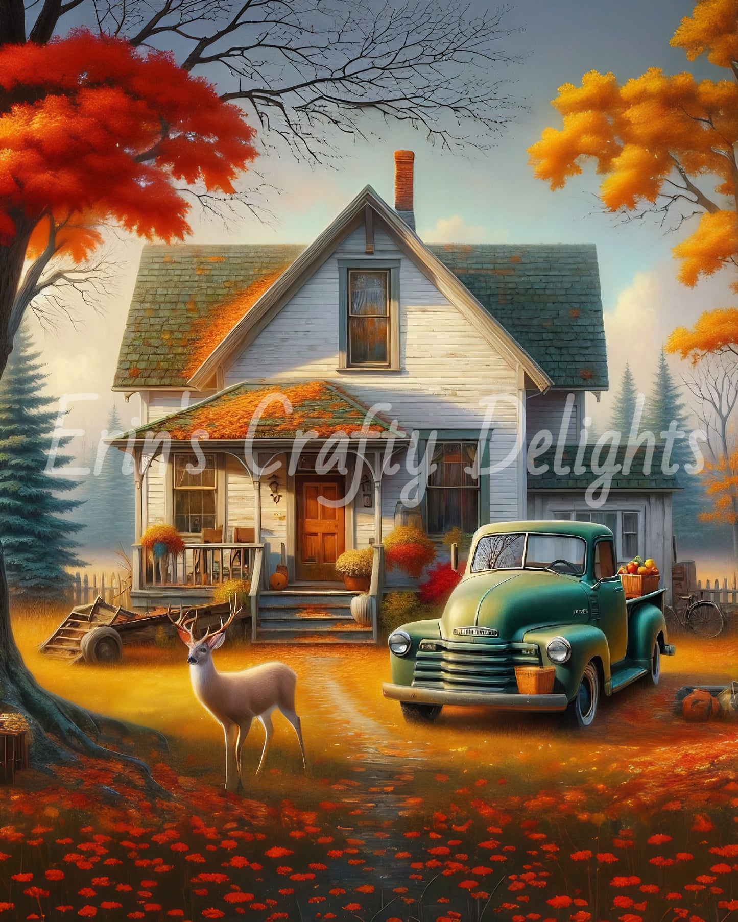 1 Autumn Green Truck and Farmhouse