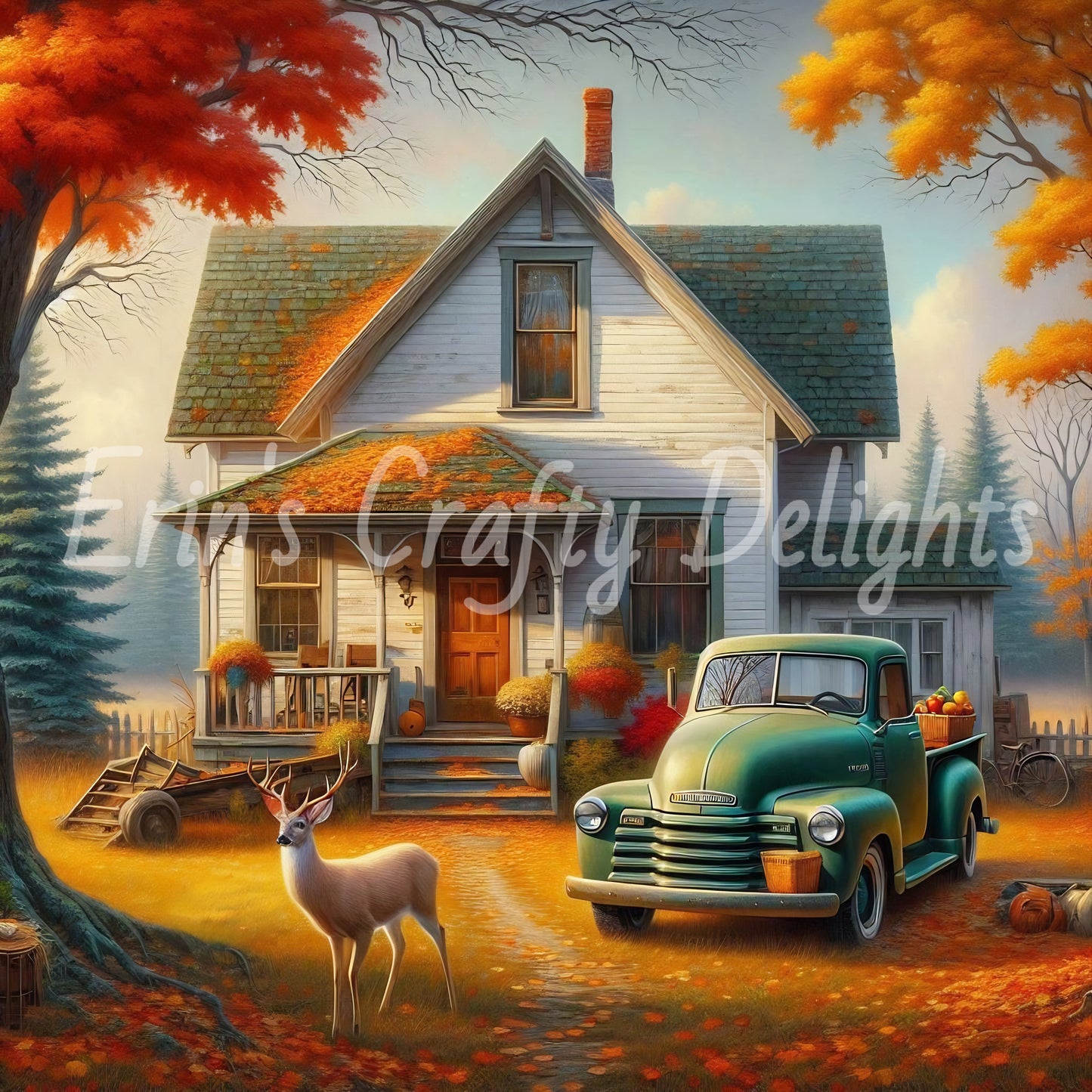 1 Autumn Green Truck and Farmhouse
